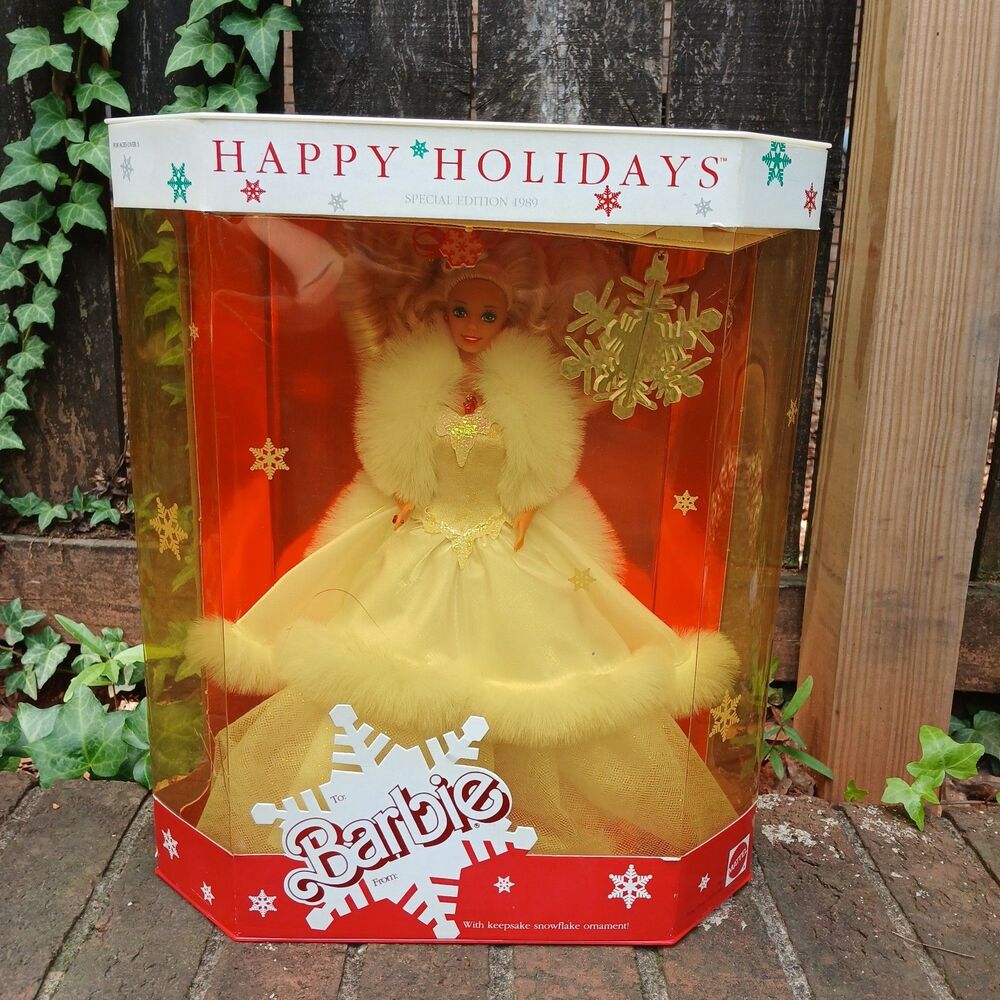 1989 Happy Holidays Barbie 3523 White Faux Fur Trimmed Dress Mattel NRFB
